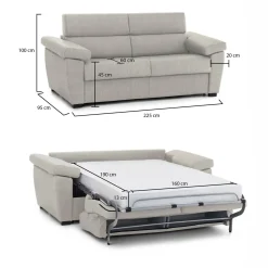Divano Letto 3 Posti Beige Sfoderabile Contenitore 225x95 cm, Lavabile Made in Italy - Trino