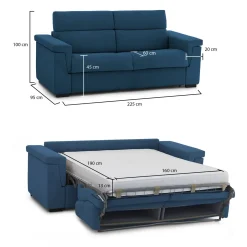 Divano Letto 3 Posti blu Sfoderabile Contenitore 225x95 cm, Lavabile Made in Italy - Nus