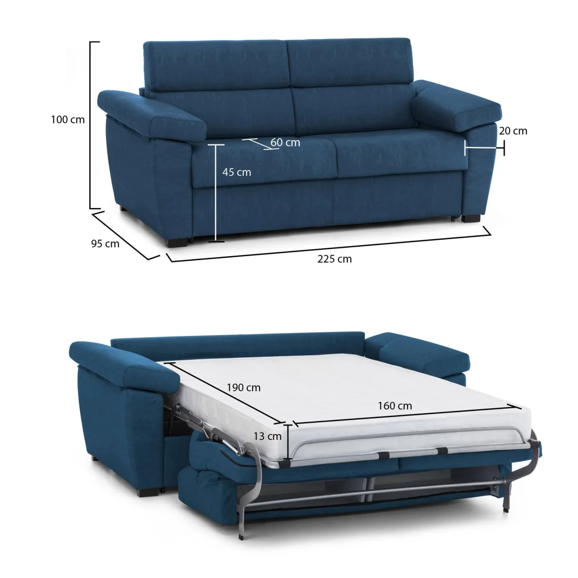 Divani Letto 3 Posti|Divani Letto > Dmora Divano Letto 3 Posti Sfoderabile Lavabile 205x86 cm, Idrorepellente Letto Estraibile Materasso Incluso Rete a Doghe Made in Italy - Avellana Blu