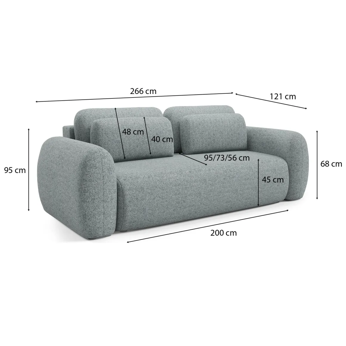 Divano Letto 3 Posti Grigio Cenere Contenitore di Apertura a Libro 266x121 cm, Reclinabile - Sessame