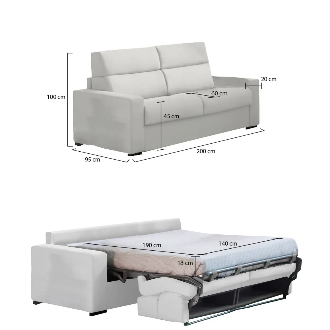 Divano Letto 2 Posti Grigio Chiaro Sfoderabile Contenitore 200x95 cm, di Apertura a Ribalta Made in Italy - Ecate