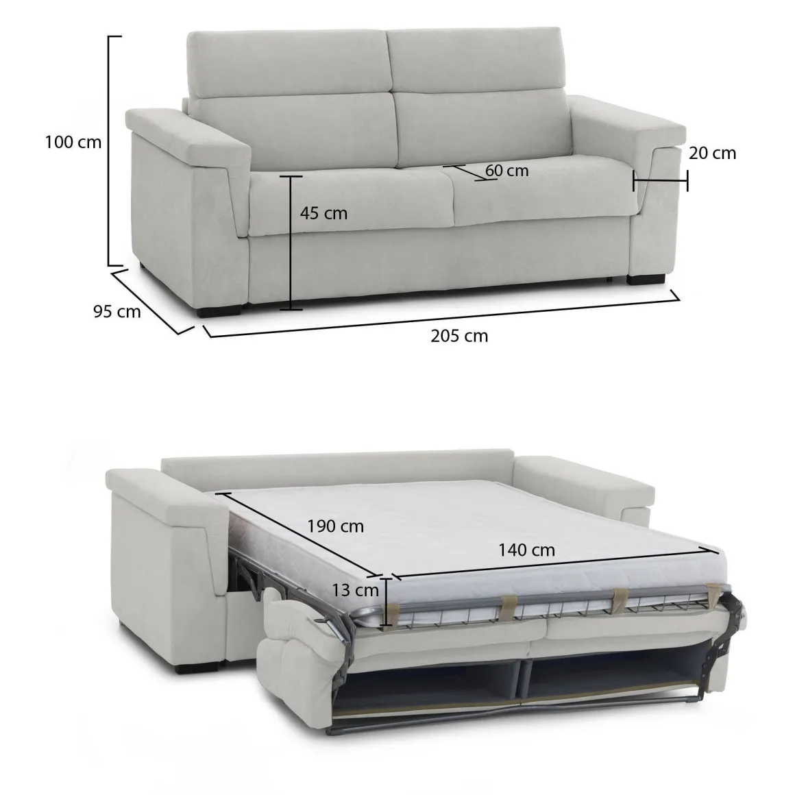 Divano Letto 2 Posti Grigio Chiaro Sfoderabile Contenitore 205x95 cm, Lavabile Made in Italy - Biscossi