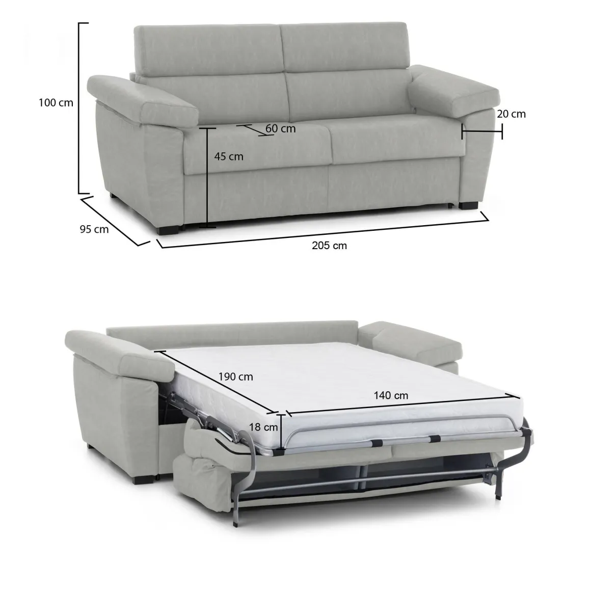 Divani Letto 2 Posti|Divano Contenitore Letto > Dmora Divano Letto 2 Posti Sfoderabile Contenitore 205x95 cm, di Apertura a Ribalta Made in Italy - Fisciano Grigio Chiaro