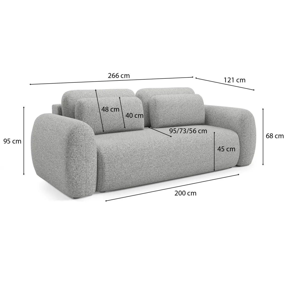 Divano Letto 3 Posti Grigio Chiaro Contenitore di Apertura a Libro 266x121 cm, Reclinabile - Sessame