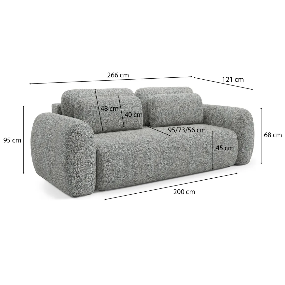 Divano Letto 3 Posti Grigio Contenitore di Apertura a Libro 266x121 cm, Reclinabile - Sessame