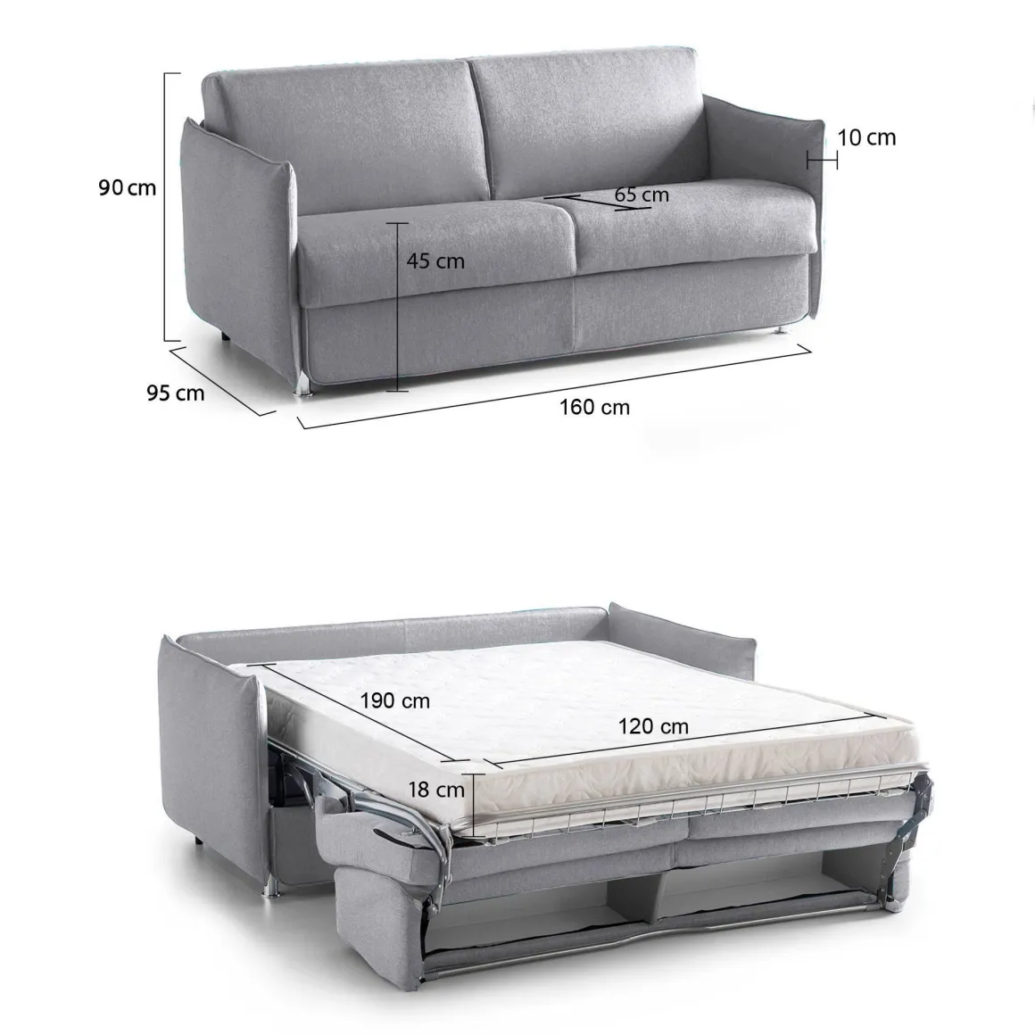 Divano Letto 2 Posti Grigio Sfoderabile Contenitore 160x95 cm, di Apertura a Ribalta Made in Italy - Follina