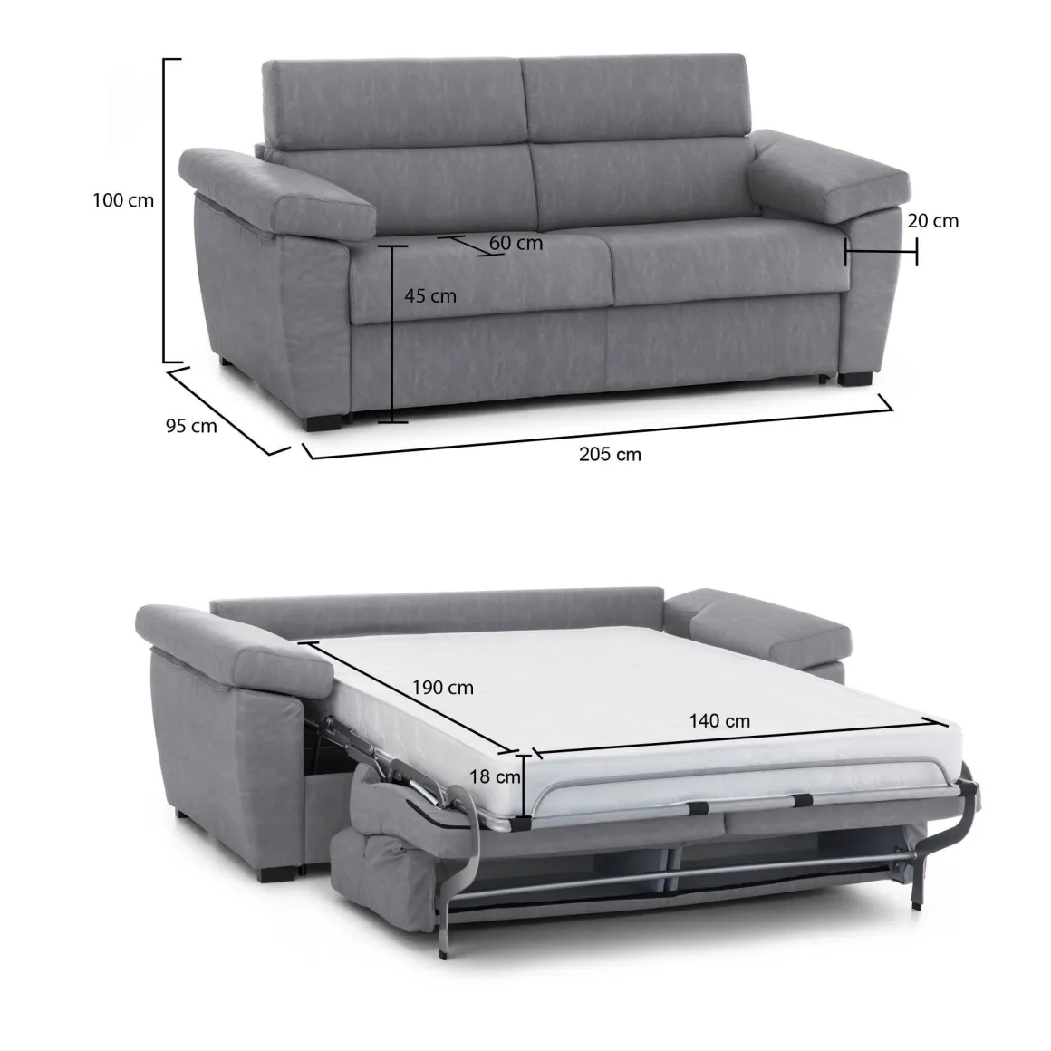Divani Letto 2 Posti|Divano Contenitore Letto > Dmora Divano Letto 2 Posti Sfoderabile Contenitore 205x95 cm, di Apertura a Ribalta Made in Italy - Fisciano Grigio