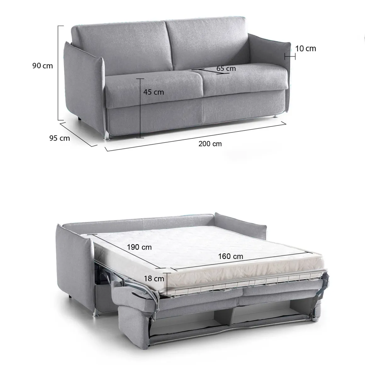 Divano Letto 3 Posti Grigio Sfoderabile Contenitore 200x95 cm, Lavabile Made in Italy - Cecina