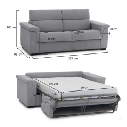 Divano Letto 3 Posti Grigio Sfoderabile Contenitore 225x95 cm, Lavabile Made in Italy - Benedetto