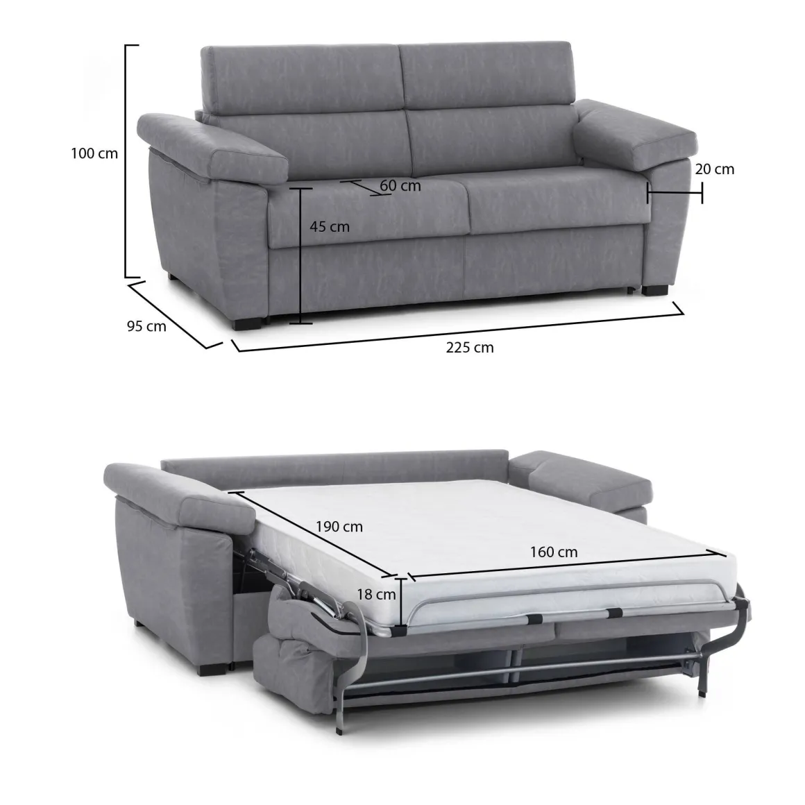 Divano Letto 3 Posti Grigio Sfoderabile Contenitore 225x95 cm, Lavabile Made in Italy - Pacecos