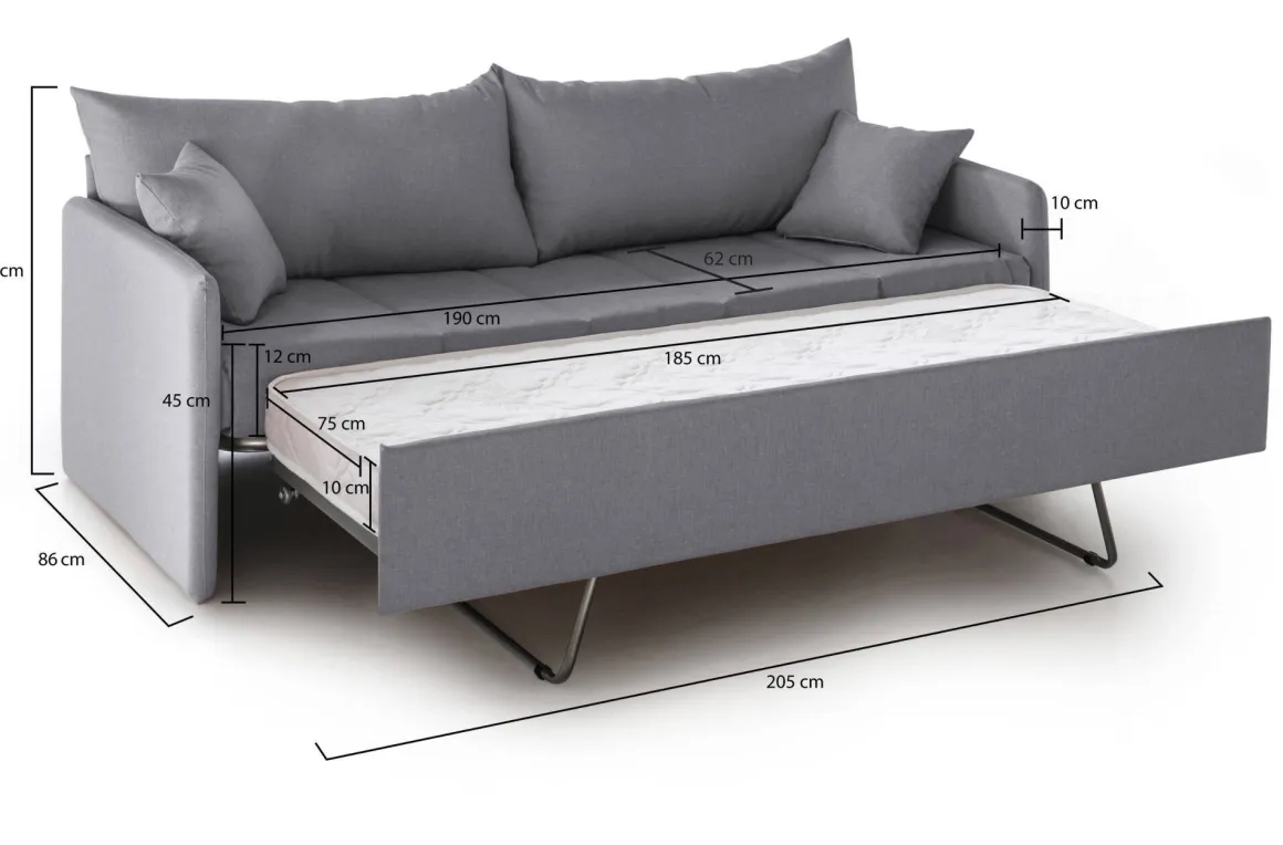Divano Letto 3 Posti Grigio Sfoderabile Lavabile 205x86 cm, Letto Estraibile Materasso Incluso Made in Italy - Avellana