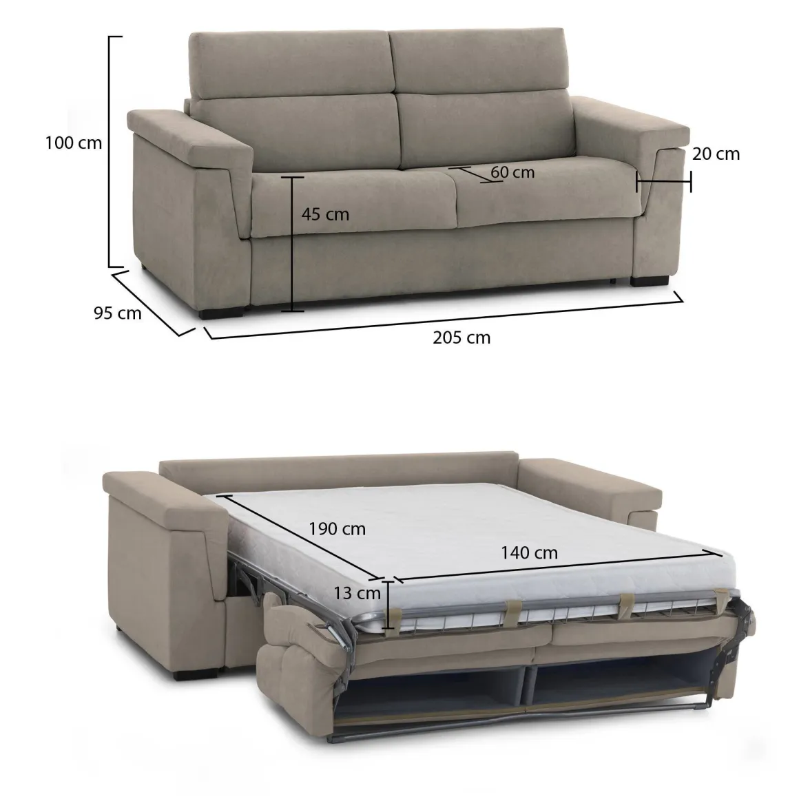 Divano Letto 2 Posti Grigio Tortora Sfoderabile Contenitore 205x95 cm, di Apertura a Ribalta Made in Italy - Biscossi