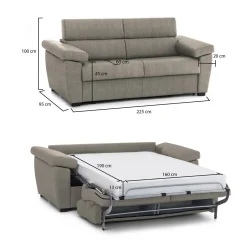 Divano Letto 3 Posti Grigio Tortora Sfoderabile Contenitore 225x95 cm, Lavabile Made in Italy - Trino