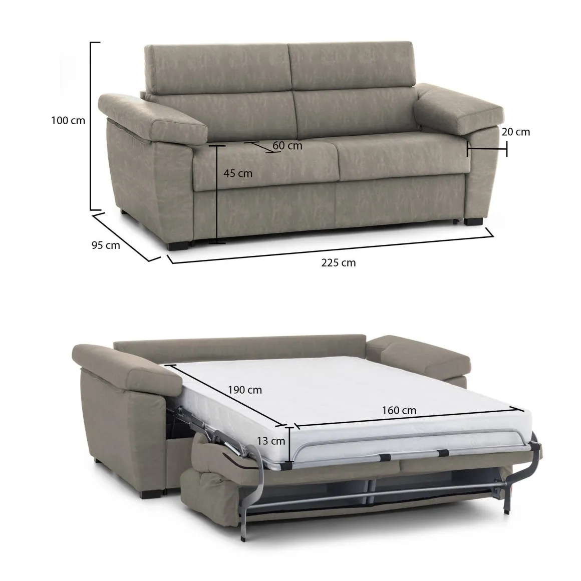 Divano Letto 3 Posti Grigio Tortora Sfoderabile Contenitore 225x95 cm, Lavabile Made in Italy - Trino