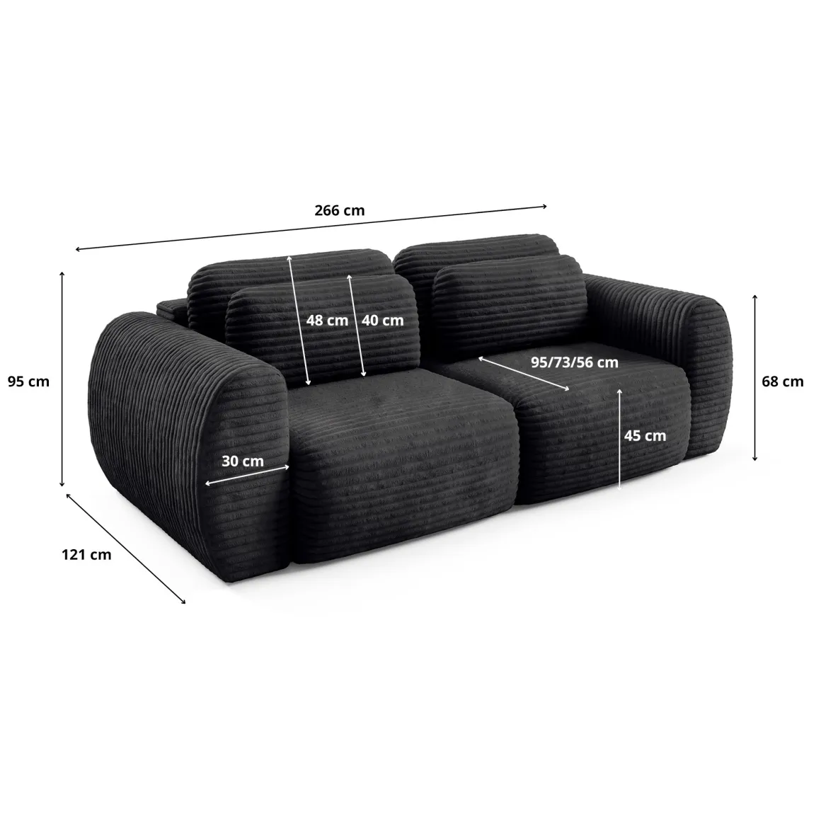 Divano Letto 2 Posti Nero Contenitore di Apertura a Libro 266x121 cm, Reclinabile - Golgi