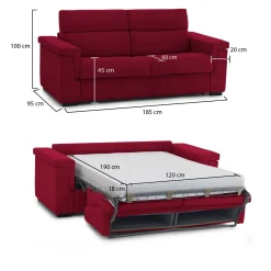 Divano Letto 2 Posti Rosso Sfoderabile Contenitore 185x95 cm, di Apertura a Ribalta Made in Italy - Rigolato