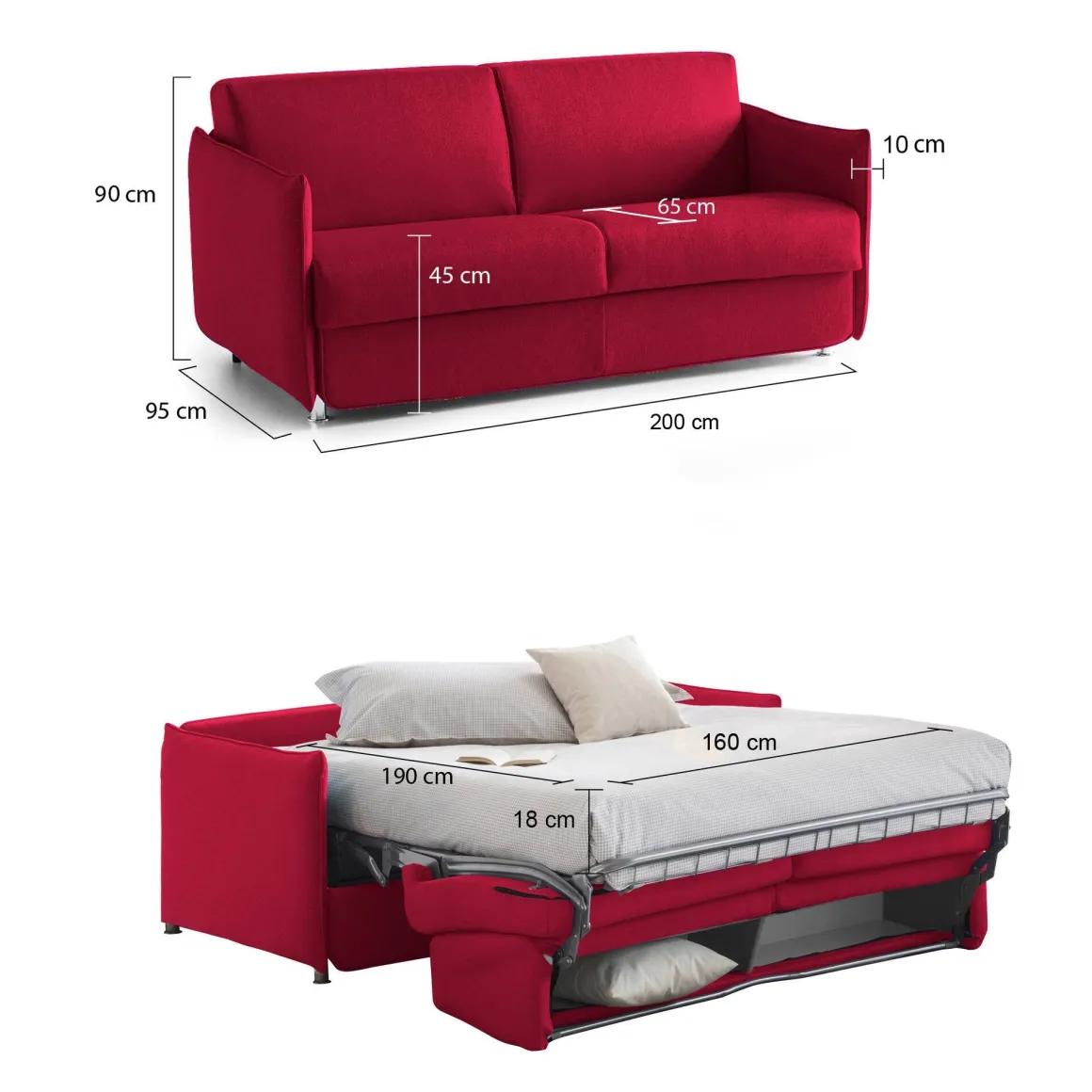 Divano Letto 3 Posti Rosso Sfoderabile Contenitore 200x95 cm, Lavabile Made in Italy - Cecina