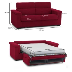 Divano Letto 3 Posti Rosso Sfoderabile Contenitore 225x95 cm, Lavabile Made in Italy - Benedetto