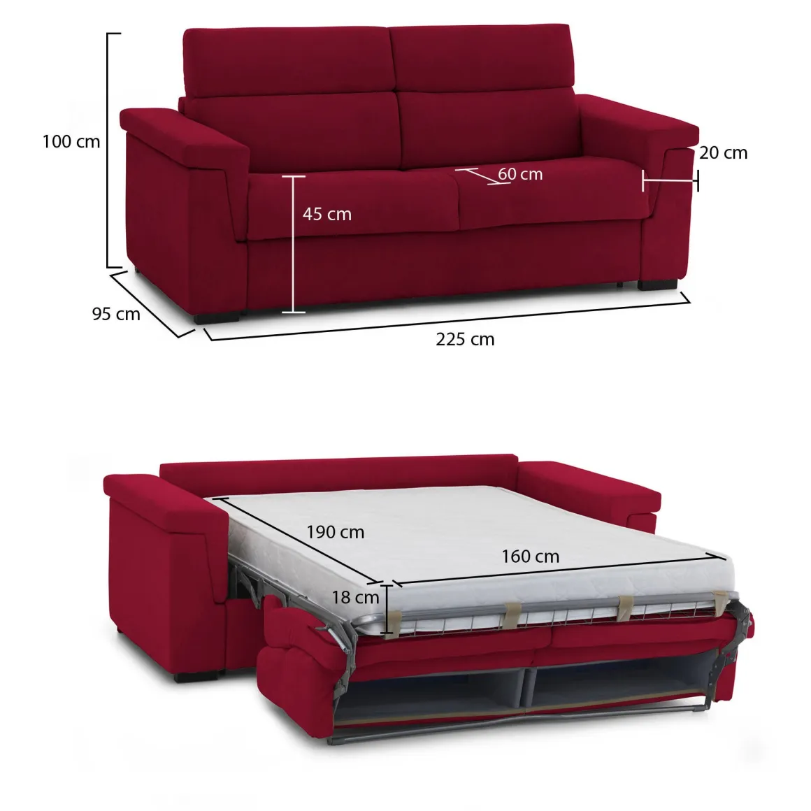 Divano Letto 3 Posti Rosso Sfoderabile Contenitore 225x95 cm, Lavabile Made in Italy - Benedetto