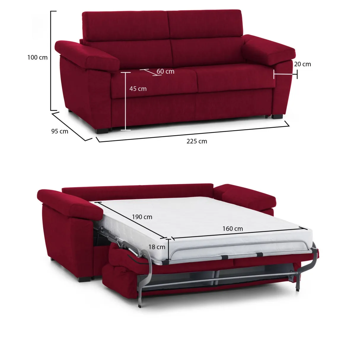 Divano Letto 3 Posti Rosso Sfoderabile Contenitore 225x95 cm, Lavabile Made in Italy - Pacecos