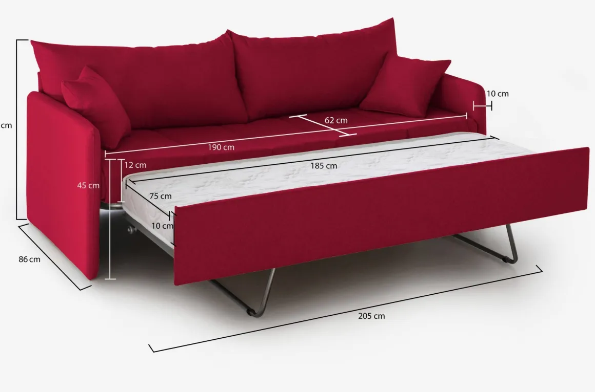 Divano Letto 3 Posti Rosso Sfoderabile Lavabile 205x86 cm, Idrorepellente Letto Estraibile Materasso Incluso Made in Italy - Avellana
