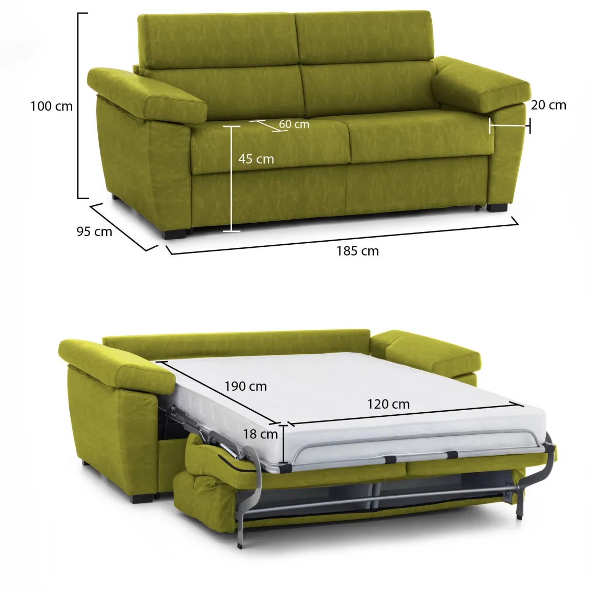 Divani Letto 2 Posti|Divano Contenitore Letto > Dmora Divano Letto 2 Posti Sfoderabile Contenitore 185x95 cm, di Apertura a Ribalta Made in Italy - Seui Verde