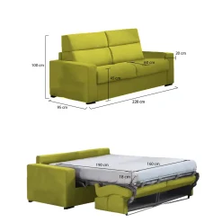 Divano Letto 3 Posti Verde Sfoderabile Contenitore 220x95 cm, Lavabile Made in Italy - Quindici