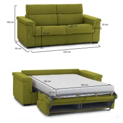 Divano Letto 3 Posti Verde Sfoderabile Contenitore 225x95 cm, Lavabile Made in Italy - Nus
