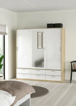 Guardaroba 3 Ante > Dmora Guardaroba 3 ante Anabelle, Mobile camera da letto, Cabina armadio portabiti, Armadio appendiabiti, 181x60 h200 cm, Quercia e Bianco Bianco Lucido, Marrone Quercia
