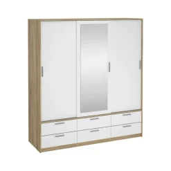 Guardaroba 3 Ante > Dmora Guardaroba 3 ante Anabelle, Mobile camera da letto, Cabina armadio portabiti, Armadio appendiabiti, 181x60 h200 cm, Quercia e Bianco Bianco Lucido, Marrone Quercia