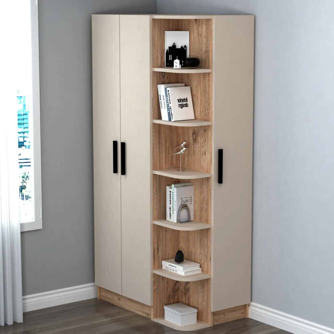 Guardaroba 3 Ante Beige Marrone Rovere 10 Ripiani Appendiabiti 90x50 cm, Apertura Battente - Cusago