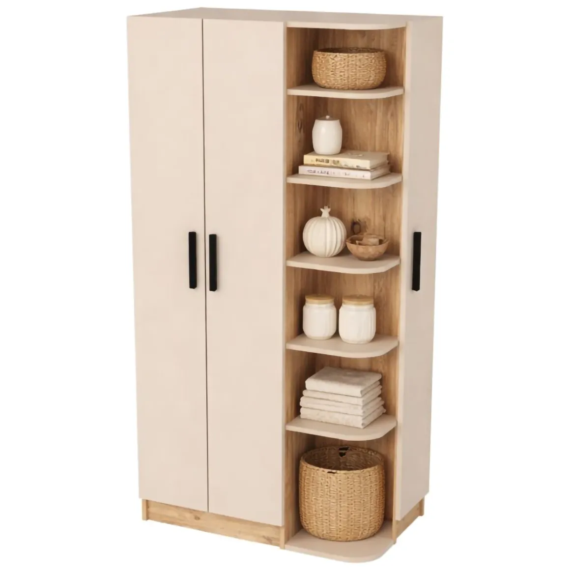 Guardaroba 3 Ante Beige Marrone Rovere 10 Ripiani Appendiabiti 90x50 cm, Apertura Battente - Cusago