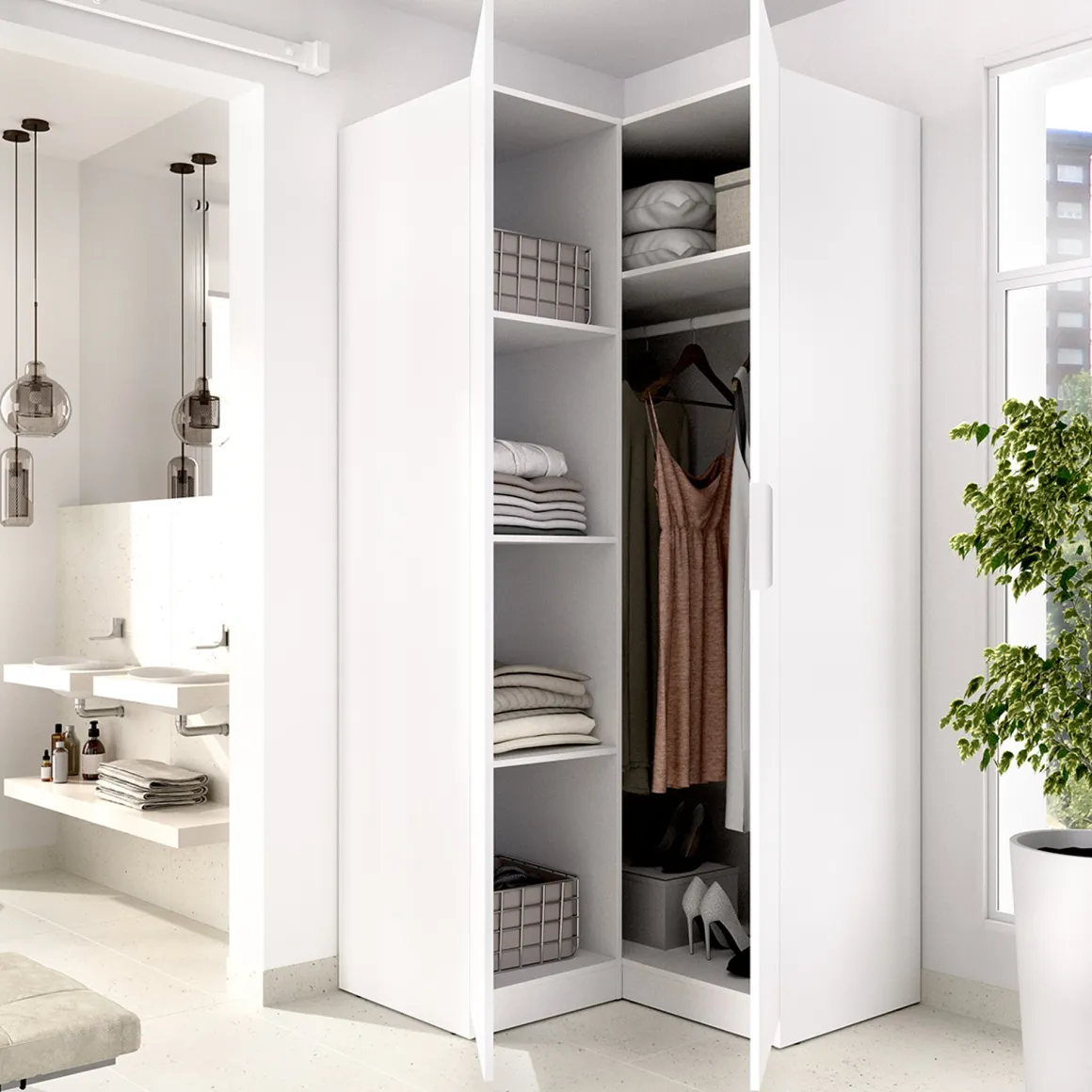 Guardaroba 2 Ante Bianco Appendiabiti 95x204h cm, 4 Ripiani - Luber