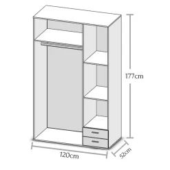 Guardaroba 3 Ante Bianco Appendiabiti 3 Ripiani 120x51 cm, 2 Cassetti - Toce
