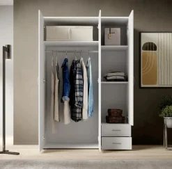Guardaroba 3 Ante Bianco Appendiabiti 3 Ripiani 120x51 cm, 2 Cassetti - Toce