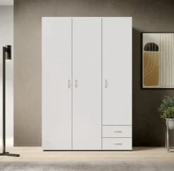 Guardaroba 3 Ante Bianco Appendiabiti 3 Ripiani 120x51 cm, 2 Cassetti - Toce
