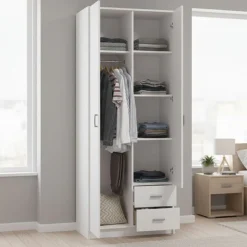Guardaroba 2 Ante > Dmora Guardaroba 2 Ante Bianco Bianco Appendiabiti 2 Cassetti 80x205h cm, 4 Ripiani - Cimena Bianco, Bianco