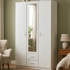 Guardaroba 3 Ante > Dmora Guardaroba 3 Ante Bianco Bianco 4 Ripiani 2 Cassetti 120x52 cm, Appendiabiti - Crati Bianco, Bianco