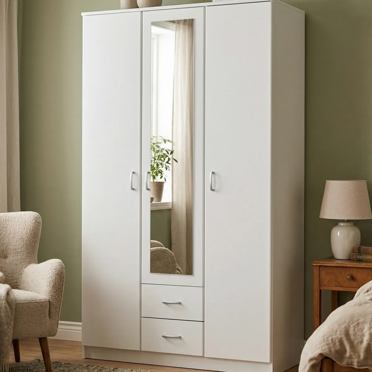 Guardaroba 3 Ante > Dmora Guardaroba 3 Ante Bianco Bianco 4 Ripiani 2 Cassetti 120x52 cm, Appendiabiti - Crati Bianco, Bianco