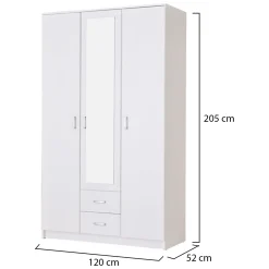 Guardaroba 3 Ante > Dmora Guardaroba 3 Ante Bianco Bianco 4 Ripiani 2 Cassetti 120x52 cm, Appendiabiti - Crati Bianco, Bianco