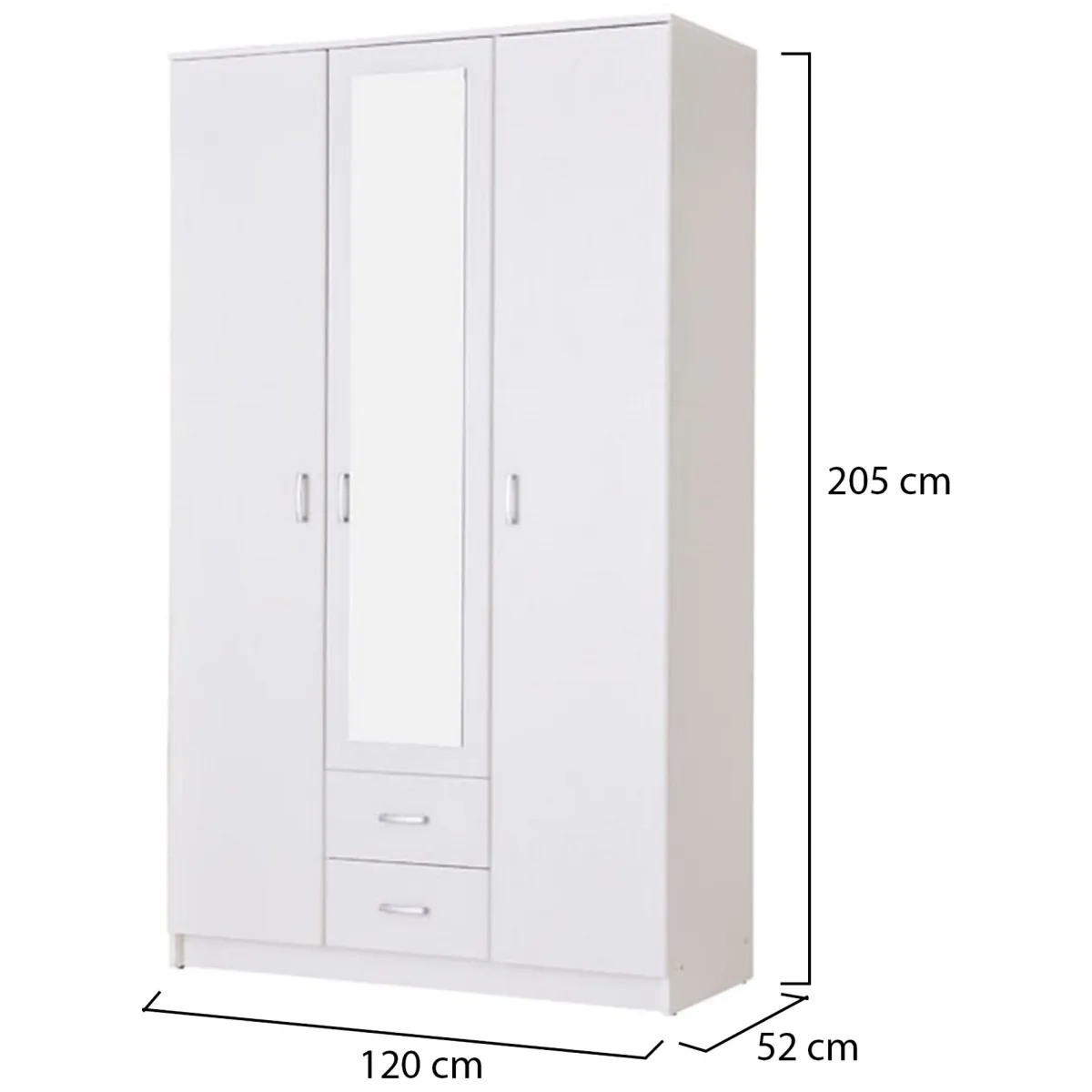 Guardaroba 3 Ante > Dmora Guardaroba 3 Ante Bianco Bianco 4 Ripiani 2 Cassetti 120x52 cm, Appendiabiti - Crati Bianco, Bianco