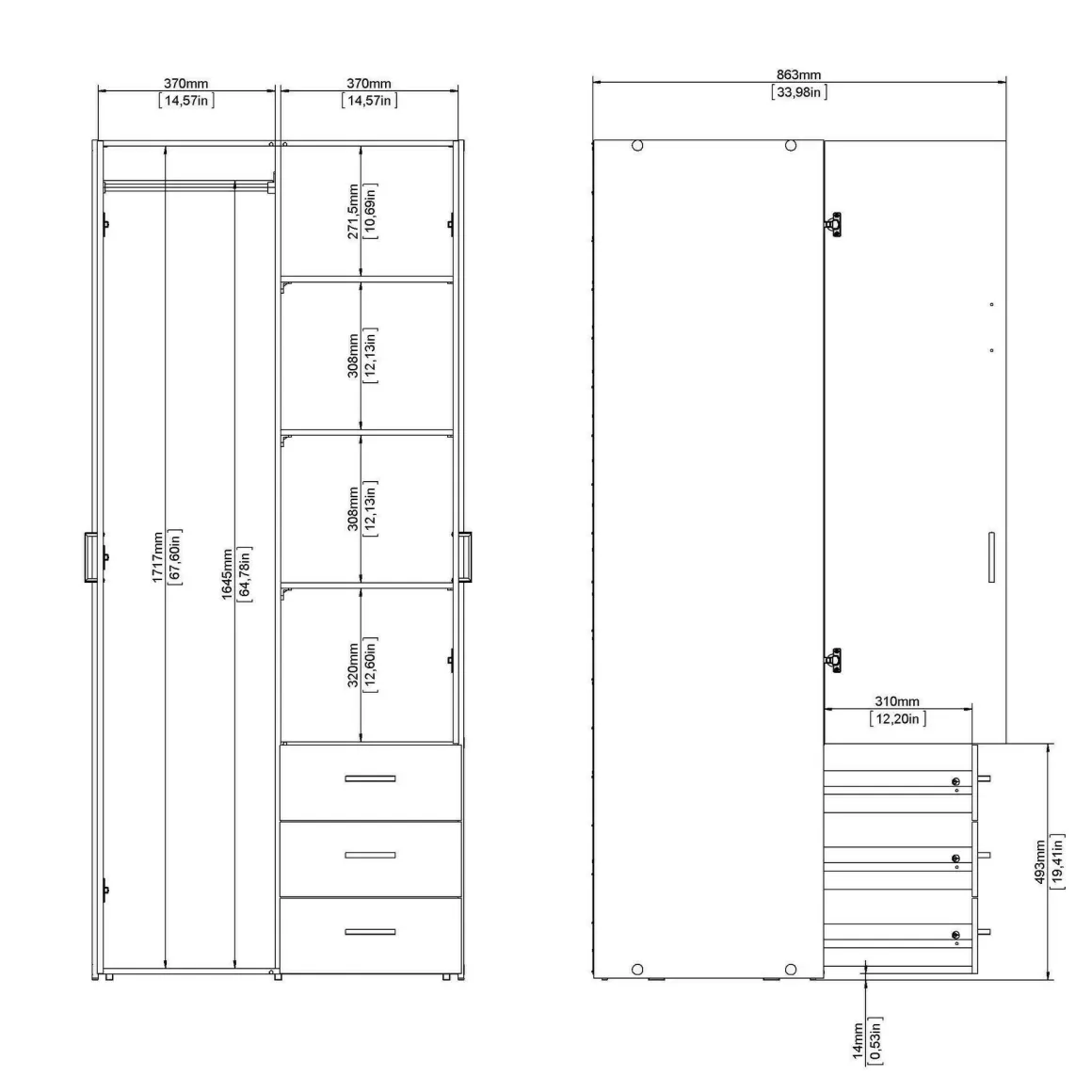 Guardaroba 2 ante bianco con cassetti 77x175h cm - Arci