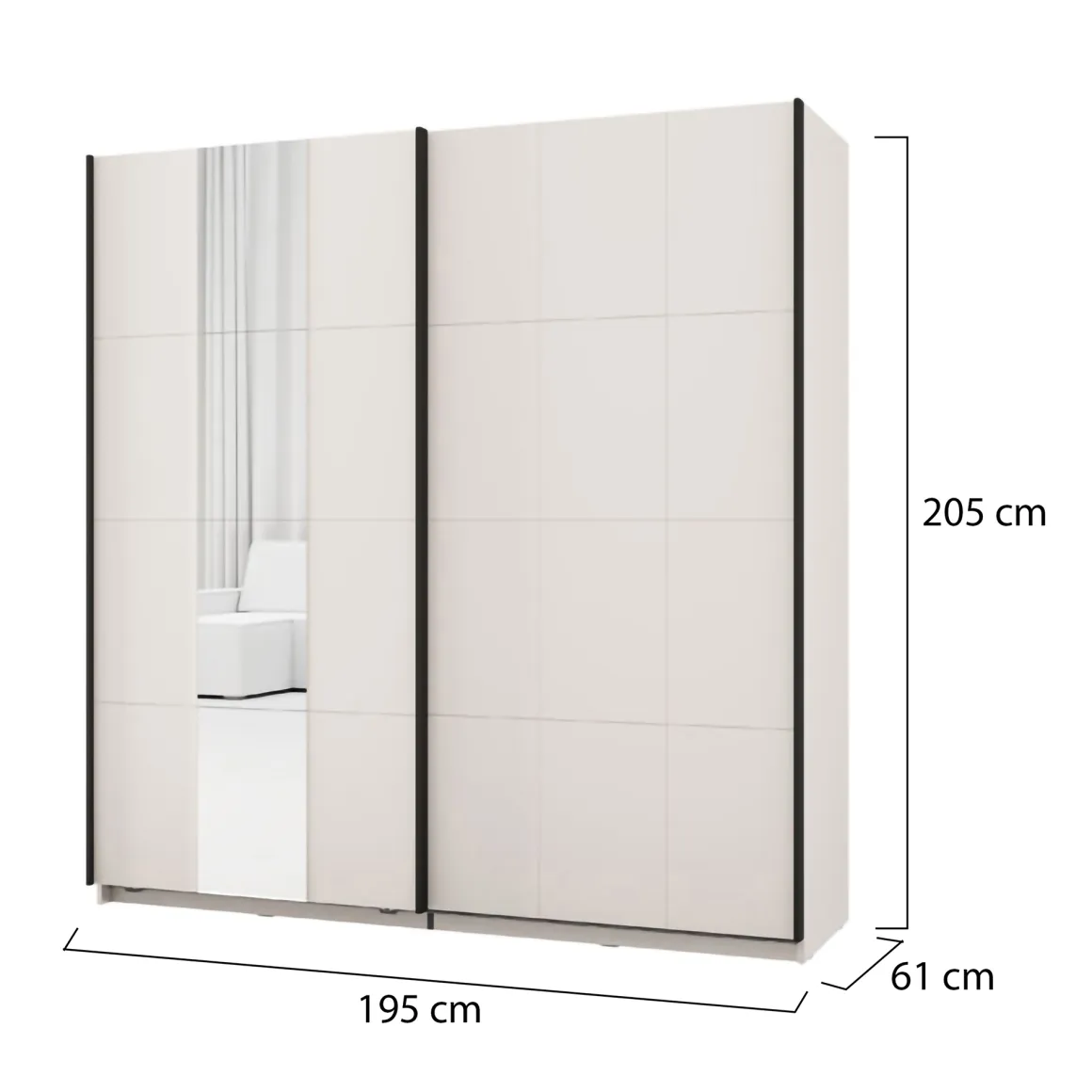 Guardaroba 2 Ante Bianco Crema Nero Appendiabiti 2 Ripiani 195x205h cm, 2 Ante - Asilah