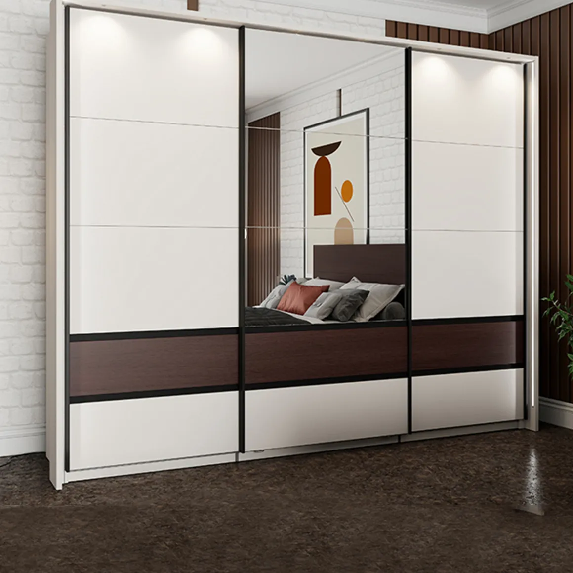 Guardaroba 3 Ante Bianco Crema Marrone Noce 3 Ripiani Appendiabiti 267x62 cm, Apertura Scorrevole - Sapa
