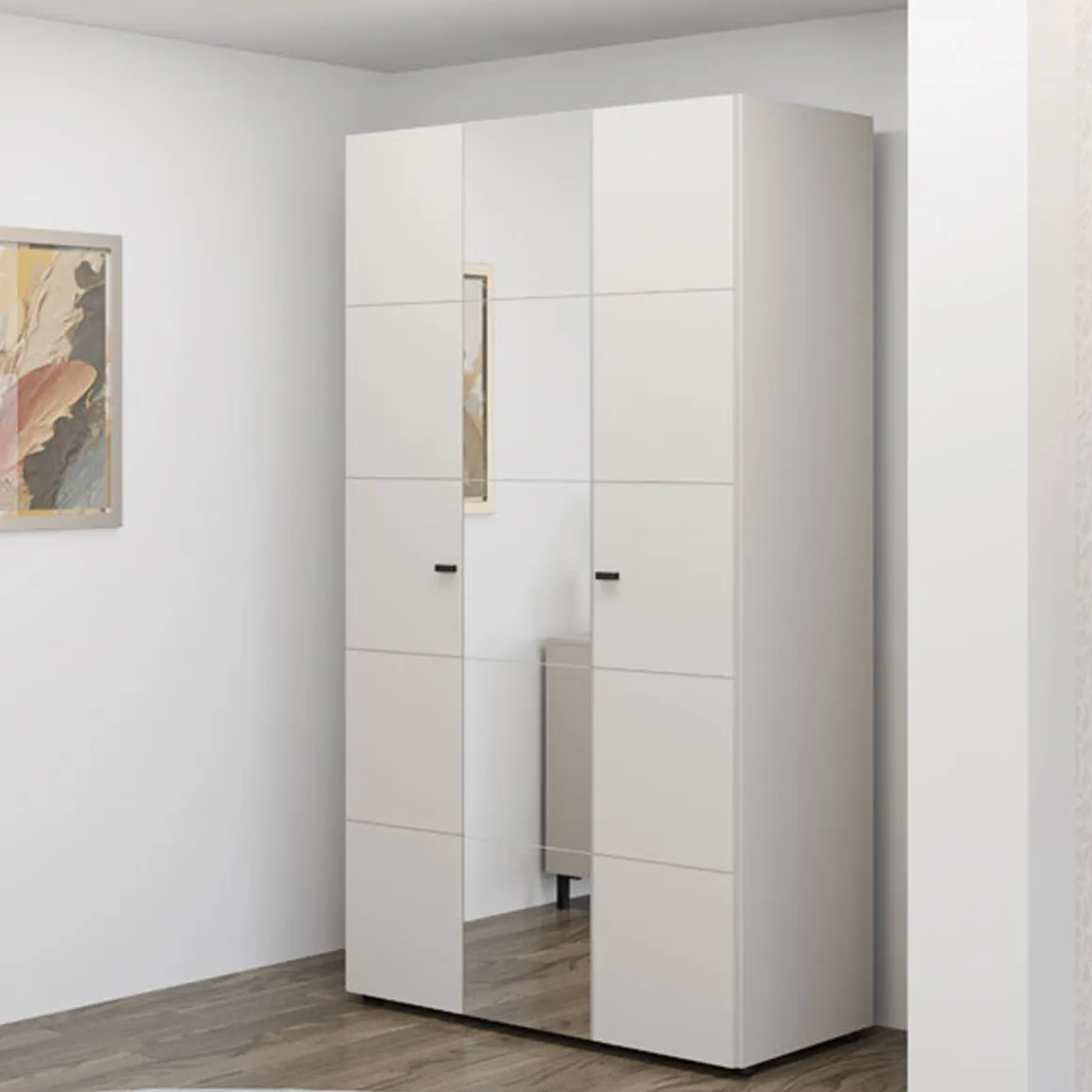 Guardaroba 3 Ante Bianco Crema Nero Appendiabiti 4 Ripiani 117x52 cm, 3 Ante - Ouarza