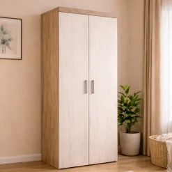 Guardaroba 2 Ante Bianco Larice Marrone Rovere Appendiabiti Cassetti 80x202h cm, un Ripiano - Egna