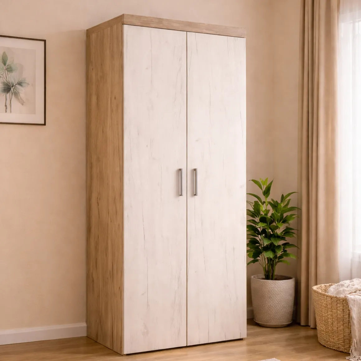 Guardaroba 2 Ante Bianco Larice Marrone Rovere Appendiabiti Cassetti 80x202h cm, un Ripiano - Egna