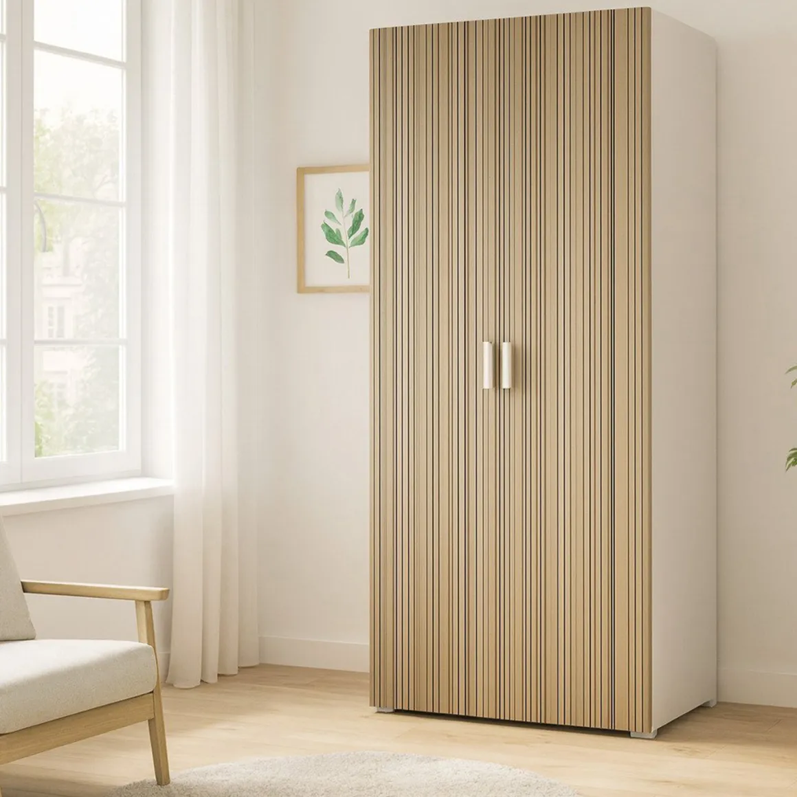 Guardaroba 2 Ante > Dmora Guardaroba 2 Ante Bianco Marrone Rovere 6 Ripiani Appendiabiti 60x183h cm, Apertura Battente - Modenese Marrone, Bianco Rovere