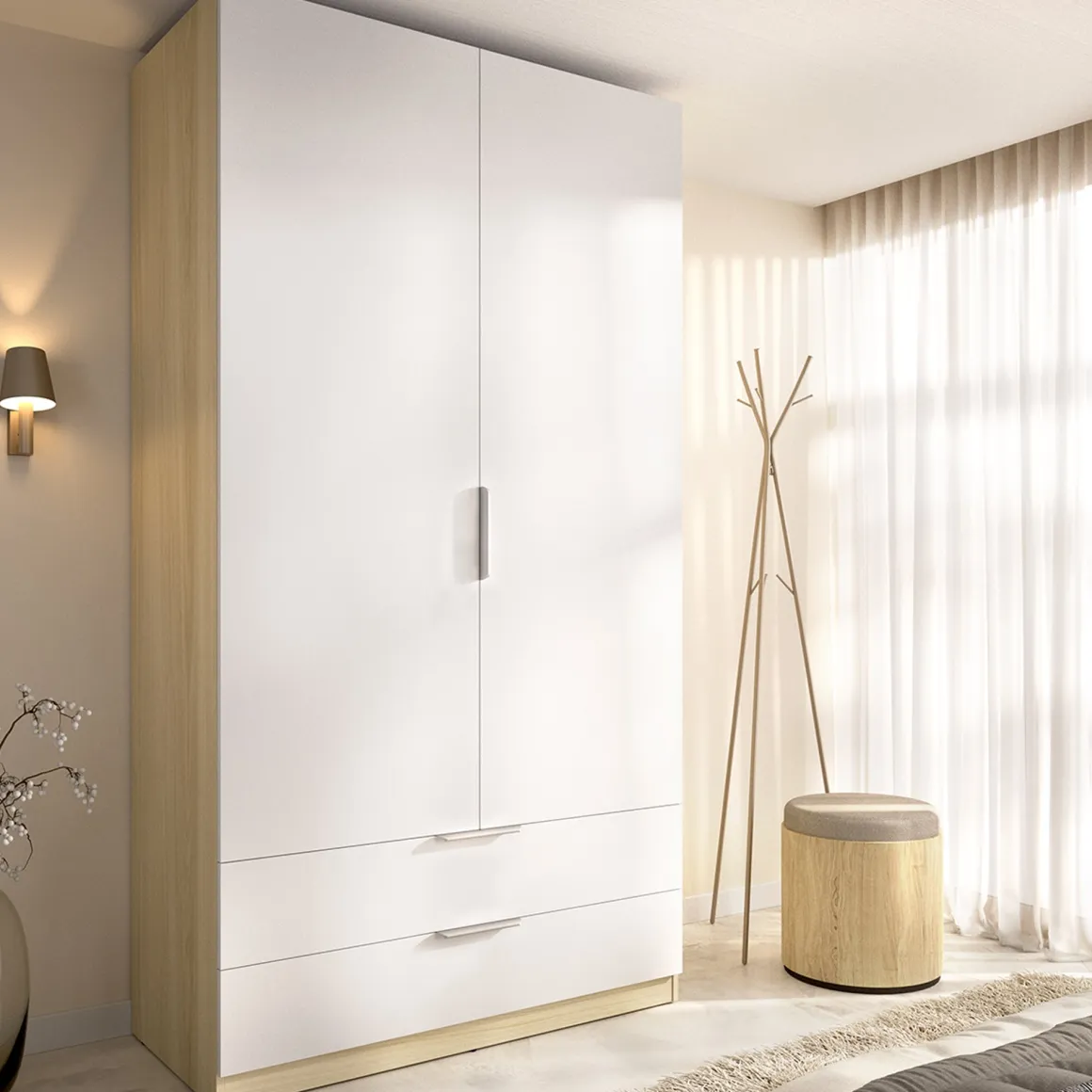 Guardaroba 2 Ante > Dmora Guardaroba 2 Ante Bianco Marrone Rovere Appendiabiti Cassetti 51x204h cm, un Ripiano - Tulot Marrone Rovere, Bianco