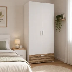 Guardaroba 2 Ante Bianco Marrone Rovere un Cassetto 2 Ripiani 80x180h cm, Appendiabiti - Vacone